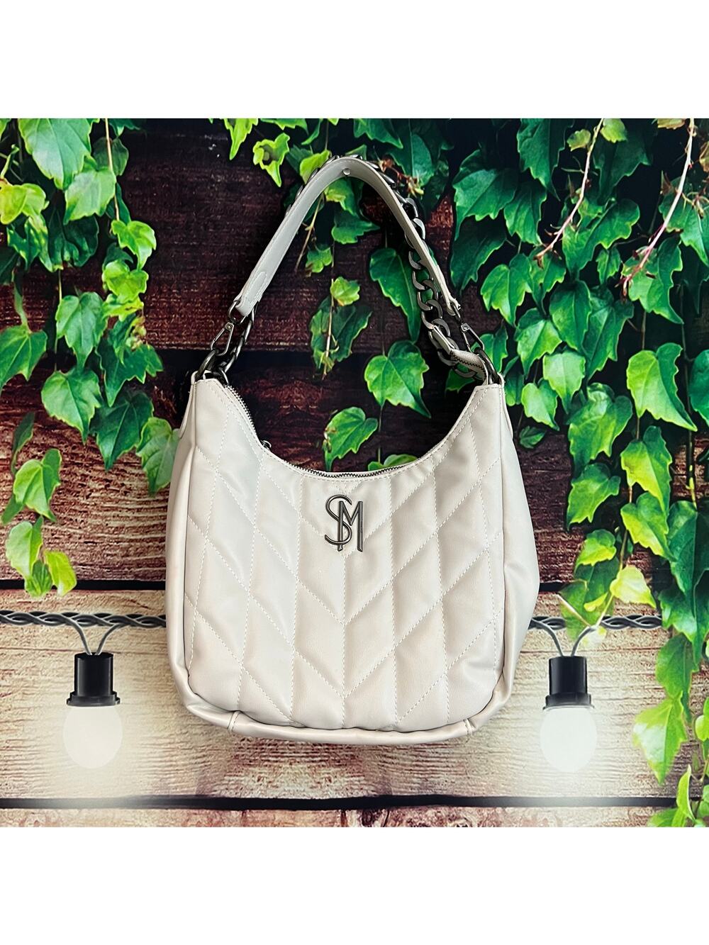 Steve Madden Chalk Quilted Hobo Bag Purse Handbag White Gray Supple 12x10x4